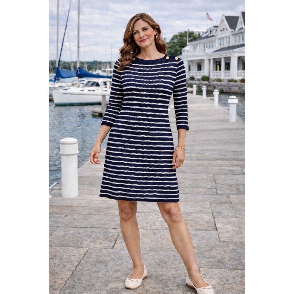 Talbots Navy & White Striped Knit Button‑Shoulder Dress LG Nautical, French Chic